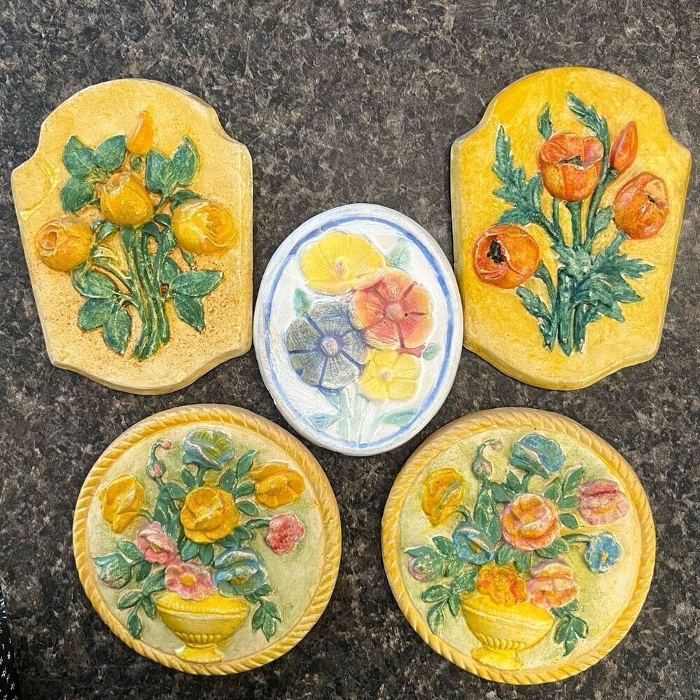 Vintage 50’s Ceramic Chalkware Floral Kitschy Wall Decorations Set
